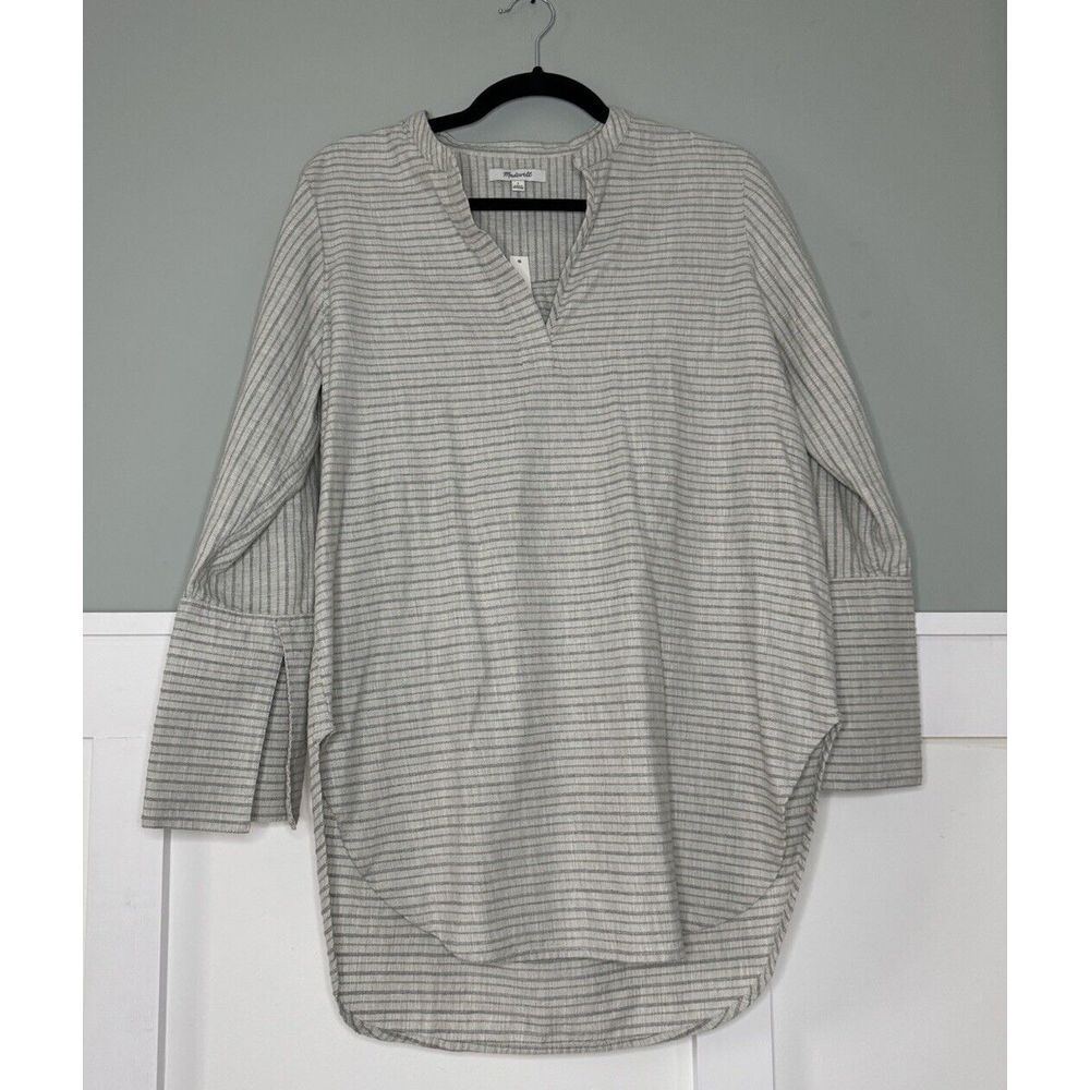 Madewell Tunic  Gray Striped Split Cuff Long Sleeve Popover‎ Shirt Womens S NWT